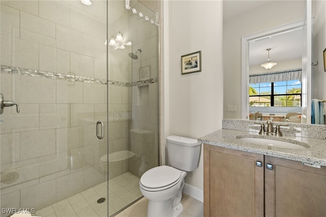 bathroom featuring tile patterned floors, toilet, an enclosed shower, and vanity