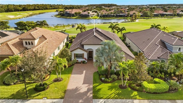 bird's eye view with a water view