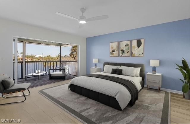 bedroom featuring hardwood / wood-style floors, ceiling fan, and access to exterior