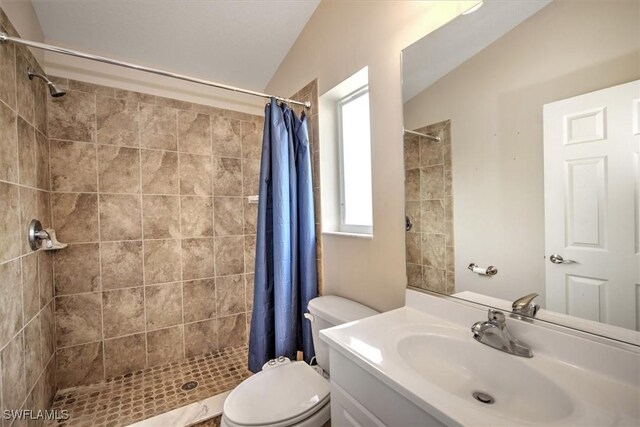 bathroom with vanity, curtained shower, lofted ceiling, and toilet