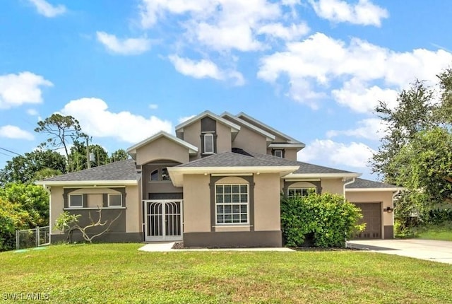 view of front of property with a garage and a front lawn