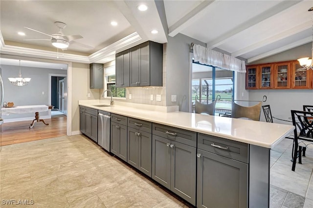 kitchen featuring gray cabinets, pendant lighting, sink, stainless steel dishwasher, and kitchen peninsula