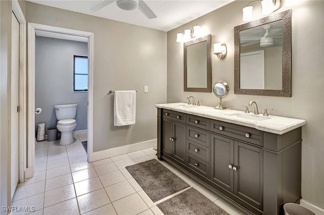 bathroom featuring tile patterned flooring, vanity, ceiling fan, and toilet