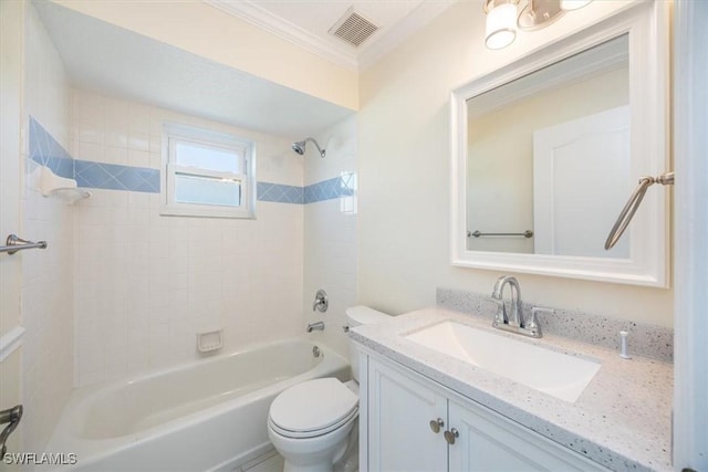 bathroom featuring vanity, ornamental molding, visible vents, toilet, and shower / bath combination