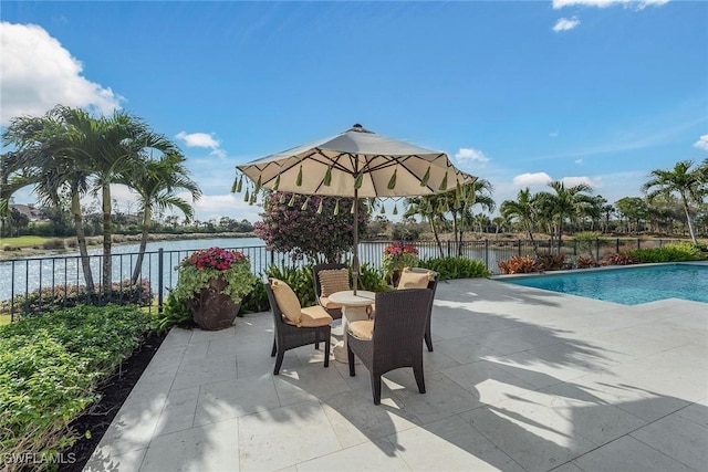 view of patio / terrace with a fenced in pool and a water view