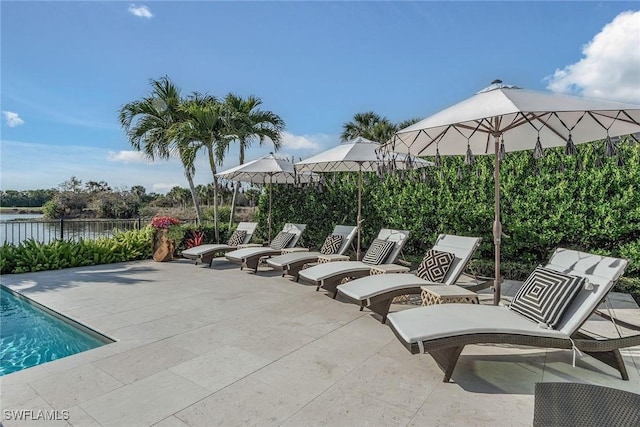 view of patio / terrace with a water view and a fenced in pool