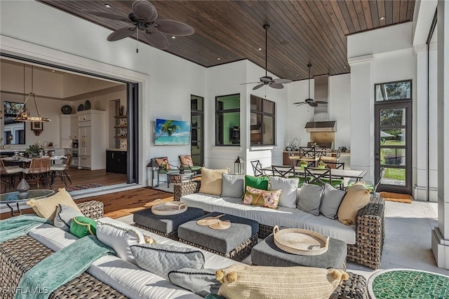 living room with wood ceiling