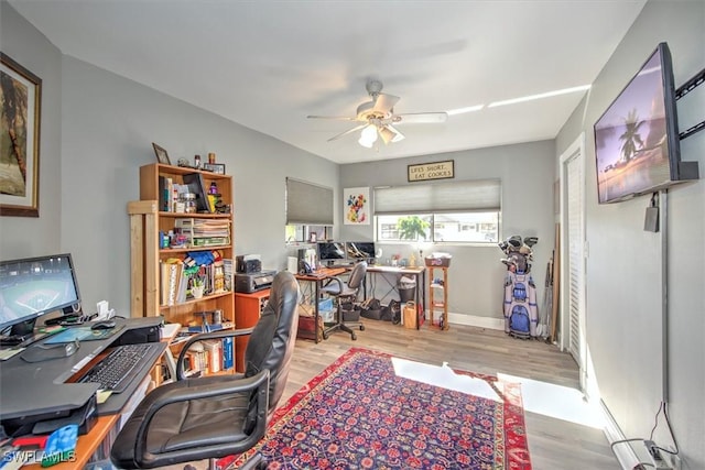 office space with ceiling fan and light wood-type flooring