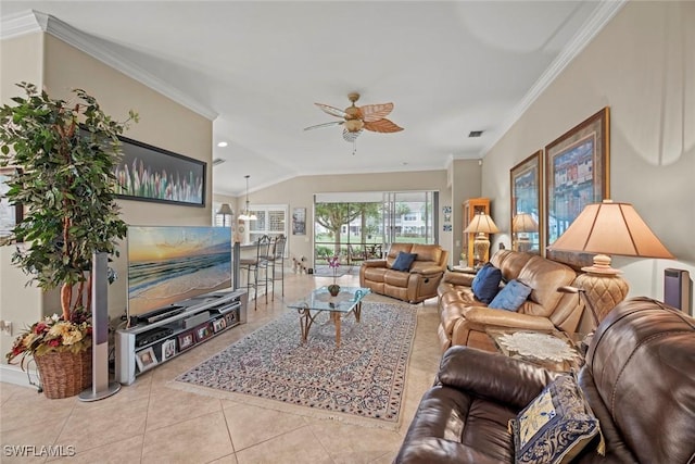 tiled living room with ceiling fan, lofted ceiling, and crown molding