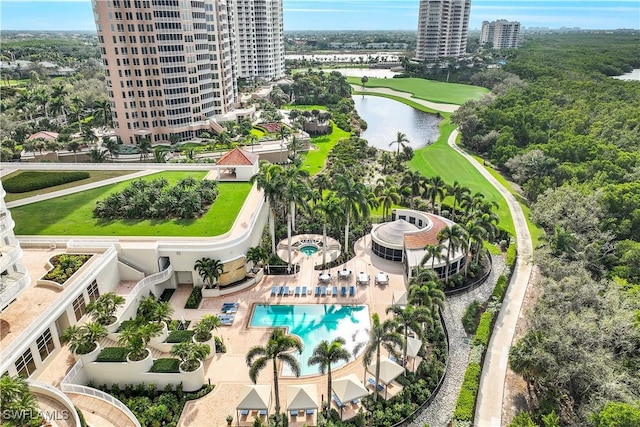 drone / aerial view featuring a water view