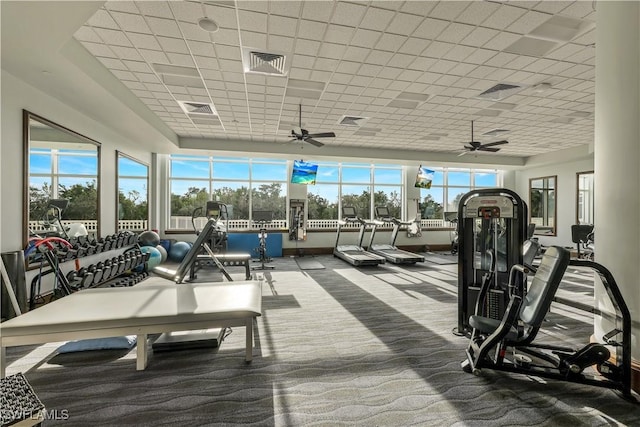 exercise room with a paneled ceiling and carpet floors