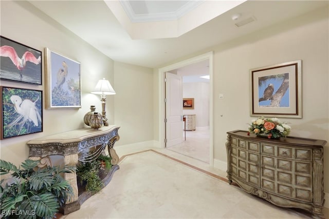 corridor featuring ornamental molding and a raised ceiling