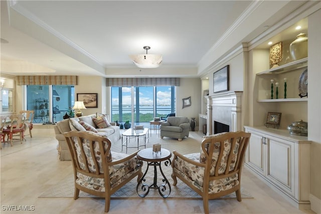 living room featuring a raised ceiling and ornamental molding