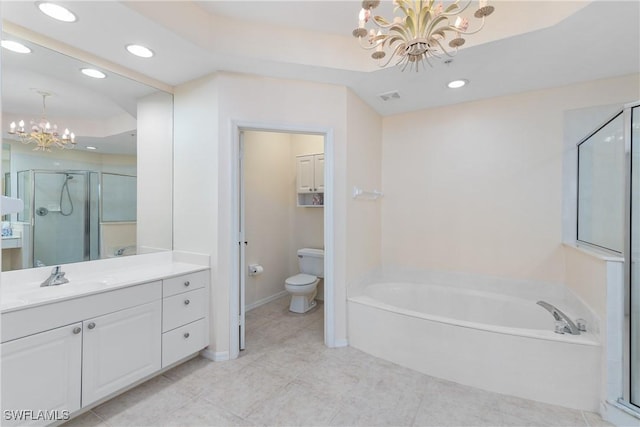 bathroom featuring visible vents, toilet, an inviting chandelier, vanity, and a shower stall