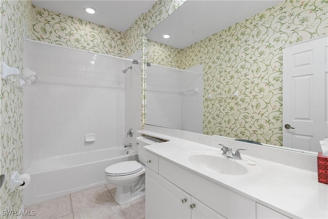 full bathroom with vanity, tile patterned floors, toilet, and wallpapered walls