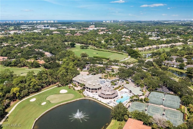 bird's eye view with a water view and golf course view