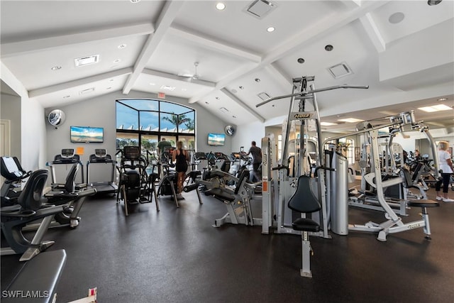 exercise room with lofted ceiling, visible vents, and recessed lighting