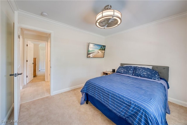 carpeted bedroom featuring ornamental molding