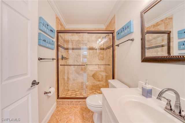 bathroom with tile patterned floors, vanity, crown molding, toilet, and a shower with shower door