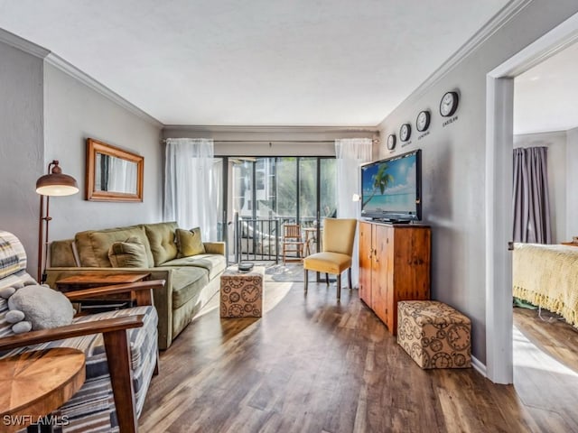 living room featuring wood-type flooring and ornamental molding