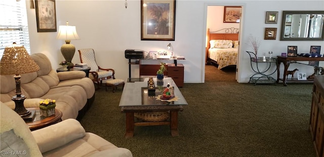 living room featuring dark colored carpet