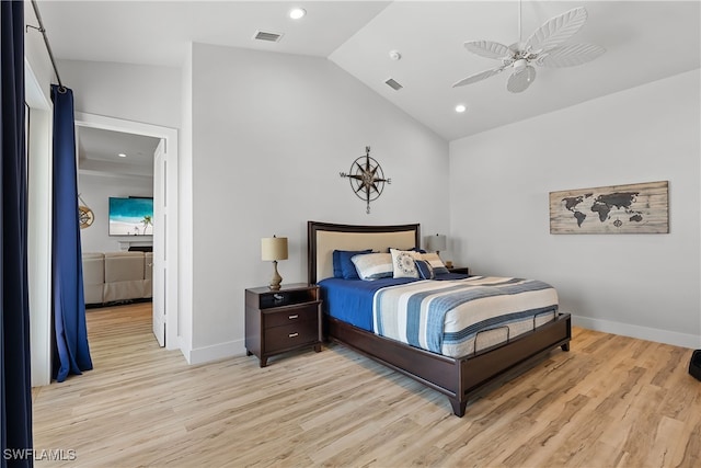 3967 Skyway Dr Unit 14, Naples, FL 34112 - bedroom with light wood-style flooring, baseboards, high vaulted ceiling, recessed lighting, and ceiling fan