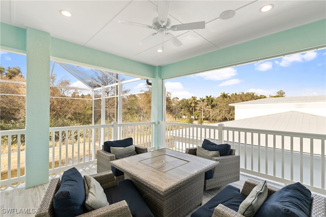 3967 Skyway Dr Unit 14, Naples, FL 34112 - wooden deck featuring a ceiling fan, outdoor dining area, and a lanai