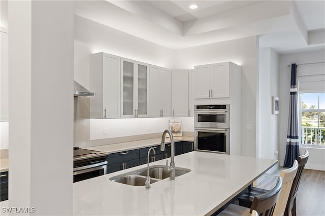 kitchen with a kitchen breakfast bar, sink, range hood, appliances with stainless steel finishes, and dark hardwood / wood-style flooring