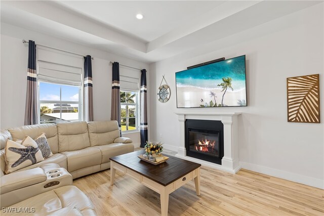 3967 Skyway Dr Unit 14, Naples, FL 34112 - living room with light wood-style flooring, a glass covered fireplace, baseboards, and recessed lighting