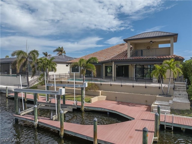 view of dock featuring a balcony and a water view