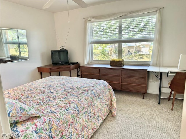 bedroom with light colored carpet