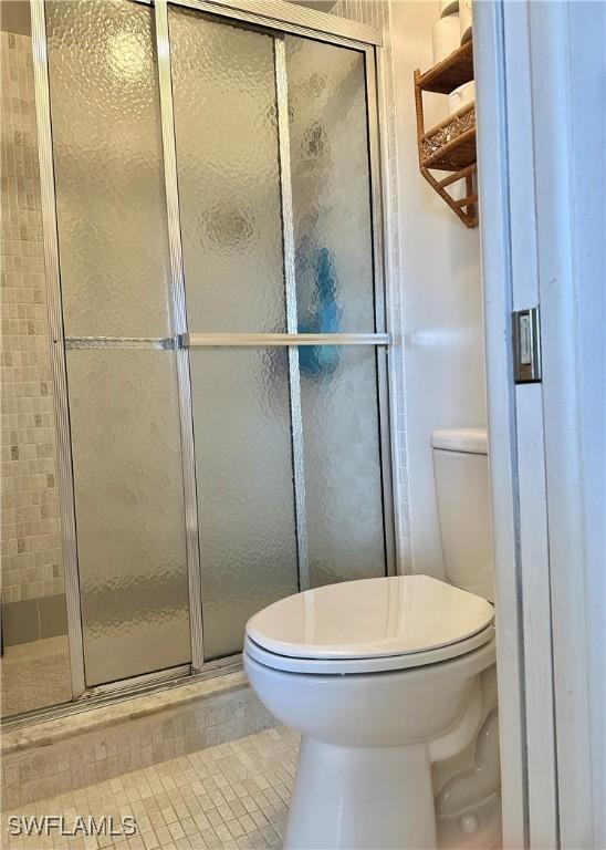 full bath featuring tile patterned flooring, a shower stall, and toilet