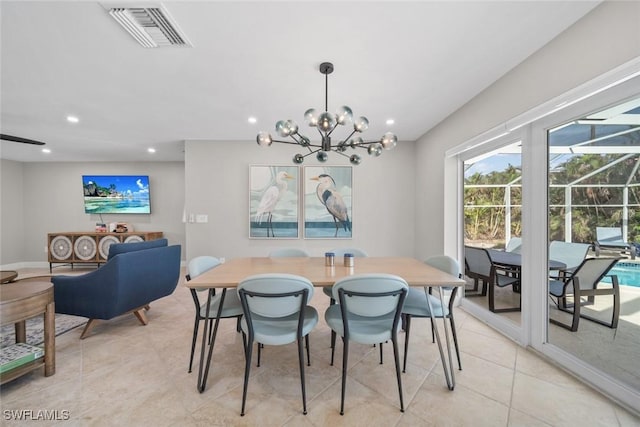 dining room with light tile patterned floors, a notable chandelier, recessed lighting, a sunroom, and visible vents