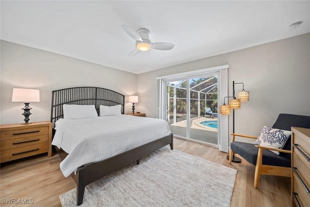 bedroom with access to exterior, light wood-style flooring, and a ceiling fan