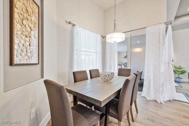 1142 SW 15th St, Cape Coral, FL 33991 - dining area with baseboards, light wood finished floors, and a towering ceiling