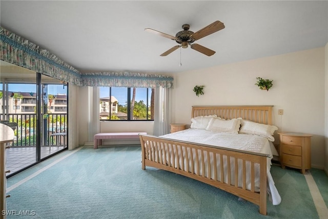 bedroom featuring access to exterior, carpet flooring, and ceiling fan