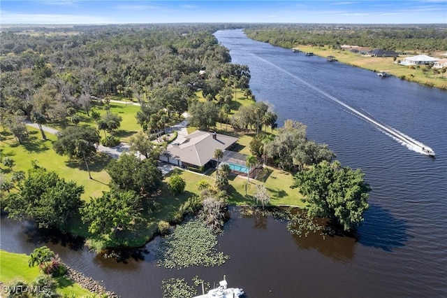 drone / aerial view with a water view