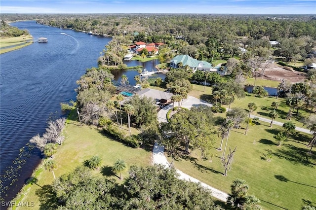 drone / aerial view with a water view