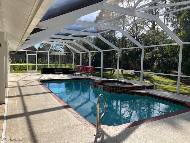 view of swimming pool with an in ground hot tub, an outdoor living space, a lanai, and a patio