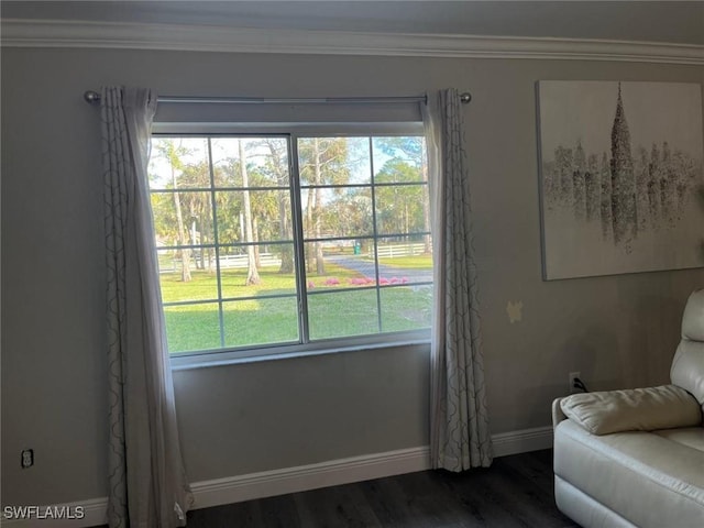 living area featuring a wealth of natural light, ornamental molding, and dark hardwood / wood-style floors