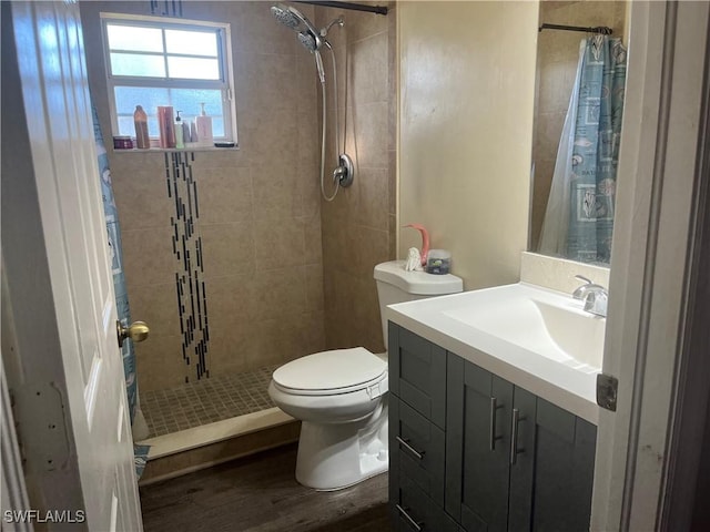 bathroom with vanity, wood-type flooring, toilet, and a shower with curtain