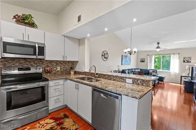 kitchen featuring backsplash, white cabinets, sink, appliances with stainless steel finishes, and kitchen peninsula