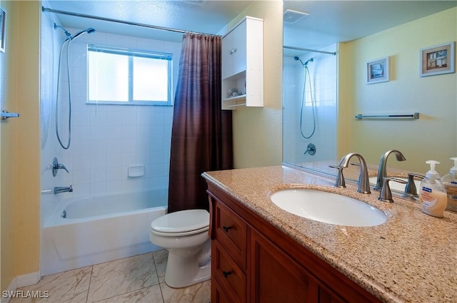 full bathroom with vanity, toilet, and shower / bathtub combination with curtain