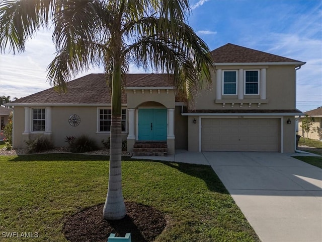 view of front facade with a front lawn and a garage