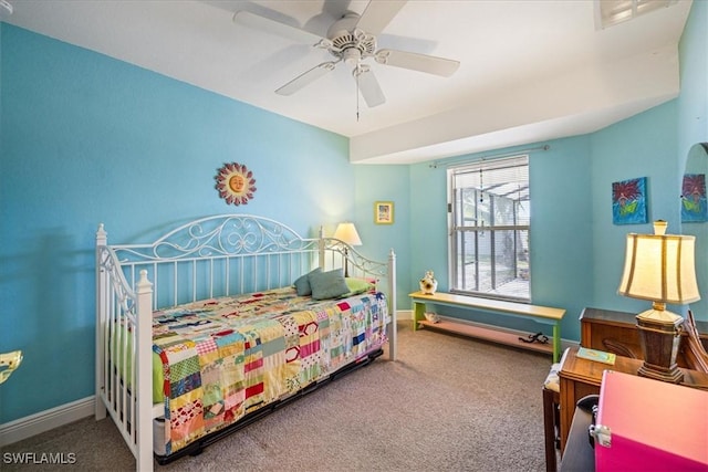 bedroom featuring carpet floors and ceiling fan