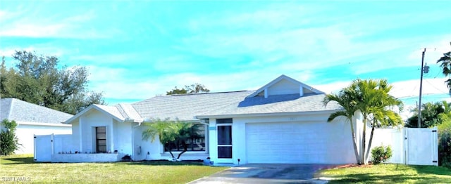 single story home with a garage and a front yard