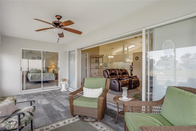 interior space featuring ceiling fan