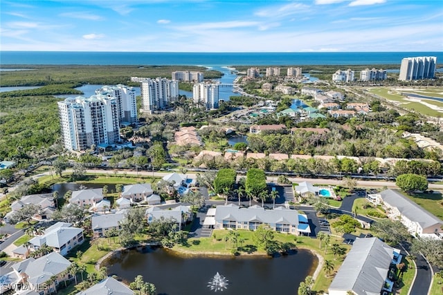 drone / aerial view featuring a water view