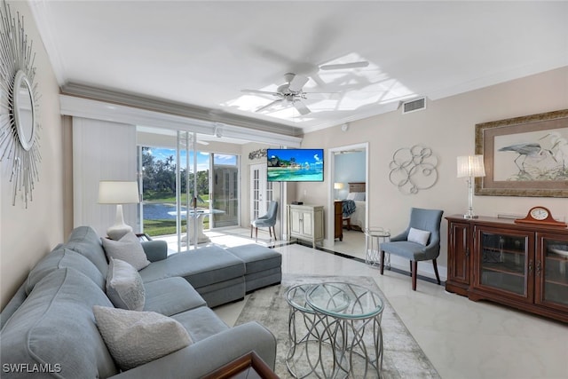 651 Wiggins Lake Dr Unit 101, Naples, FL 34110 - living area with ornamental molding, ceiling fan, and light marble finish floors