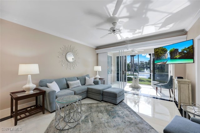 living room featuring ceiling fan and ornamental molding